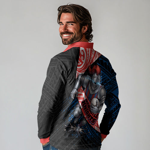 Newcastle Knights Rugby Long Sleeve Polo Shirt Tribal Polynesian Power Art - Lightning Mascot