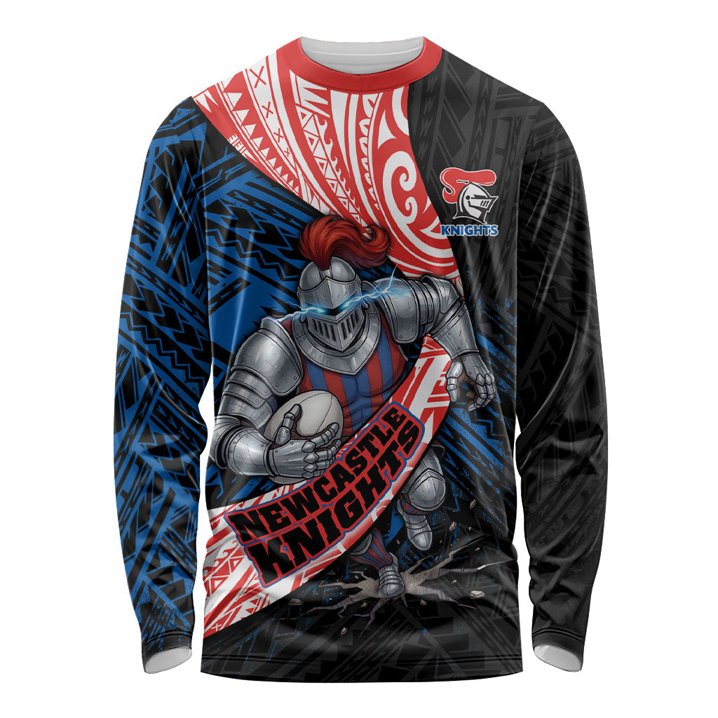Newcastle Knights Rugby Long Sleeve Shirt Tribal Polynesian Power Art - Lightning Mascot