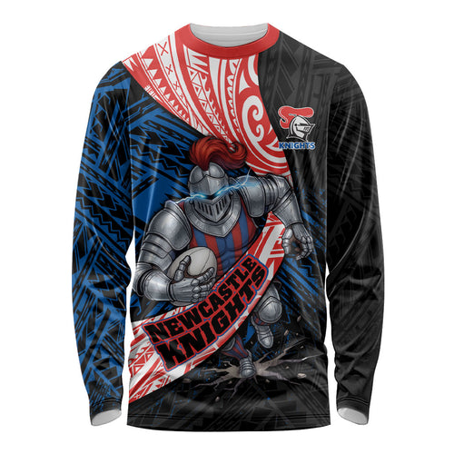 Newcastle Knights Rugby Long Sleeve Shirt Tribal Polynesian Power Art - Lightning Mascot