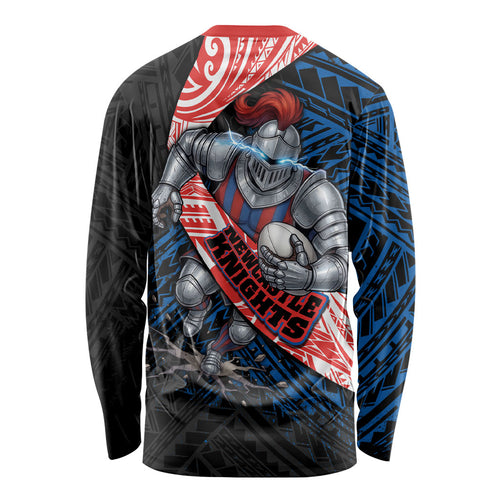 Newcastle Knights Rugby Long Sleeve Shirt Tribal Polynesian Power Art - Lightning Mascot