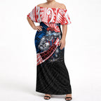Newcastle Knights Rugby Off Shoulder Maxi Dress Tribal Polynesian Power Art - Lightning Mascot