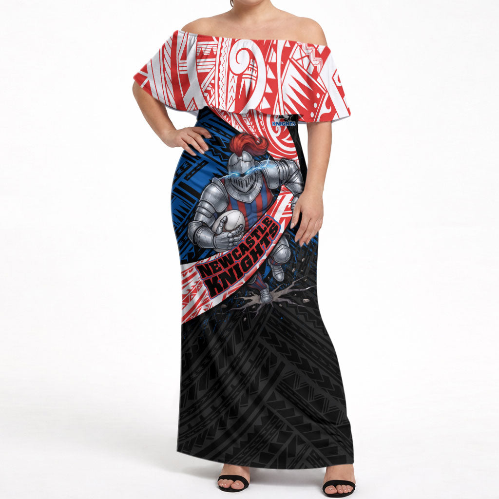 Newcastle Knights Rugby Off Shoulder Maxi Dress Tribal Polynesian Power Art - Lightning Mascot