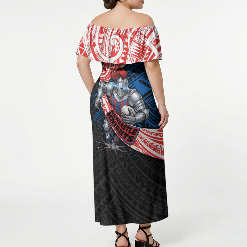 Newcastle Knights Rugby Off Shoulder Maxi Dress Tribal Polynesian Power Art - Lightning Mascot