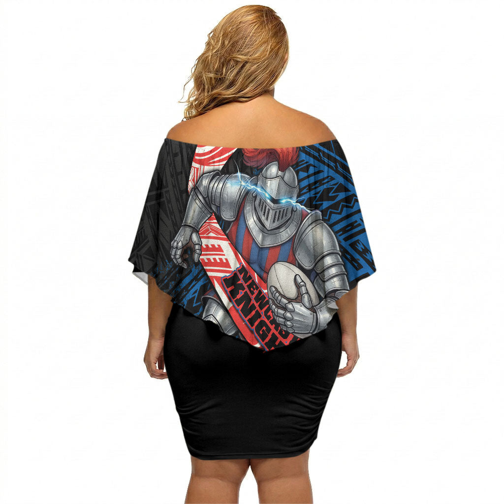 Newcastle Knights Rugby Off Shoulder Short Dress Tribal Polynesian Power Art - Lightning Mascot