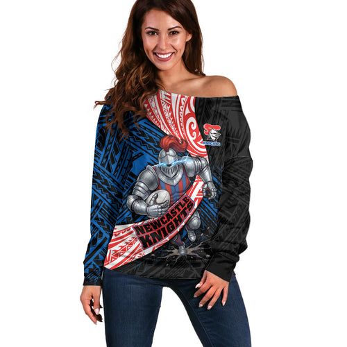 Newcastle Knights Rugby Off Shoulder Sweater Tribal Polynesian Power Art - Lightning Mascot