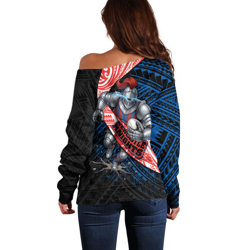 Newcastle Knights Rugby Off Shoulder Sweater Tribal Polynesian Power Art - Lightning Mascot