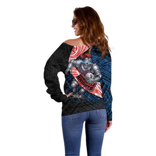 Newcastle Knights Rugby Off Shoulder Sweater Tribal Polynesian Power Art - Lightning Mascot