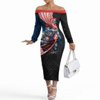 Newcastle Knights Rugby Off The Shoulder Long Sleeve Dress Tribal Polynesian Power Art - Lightning Mascot