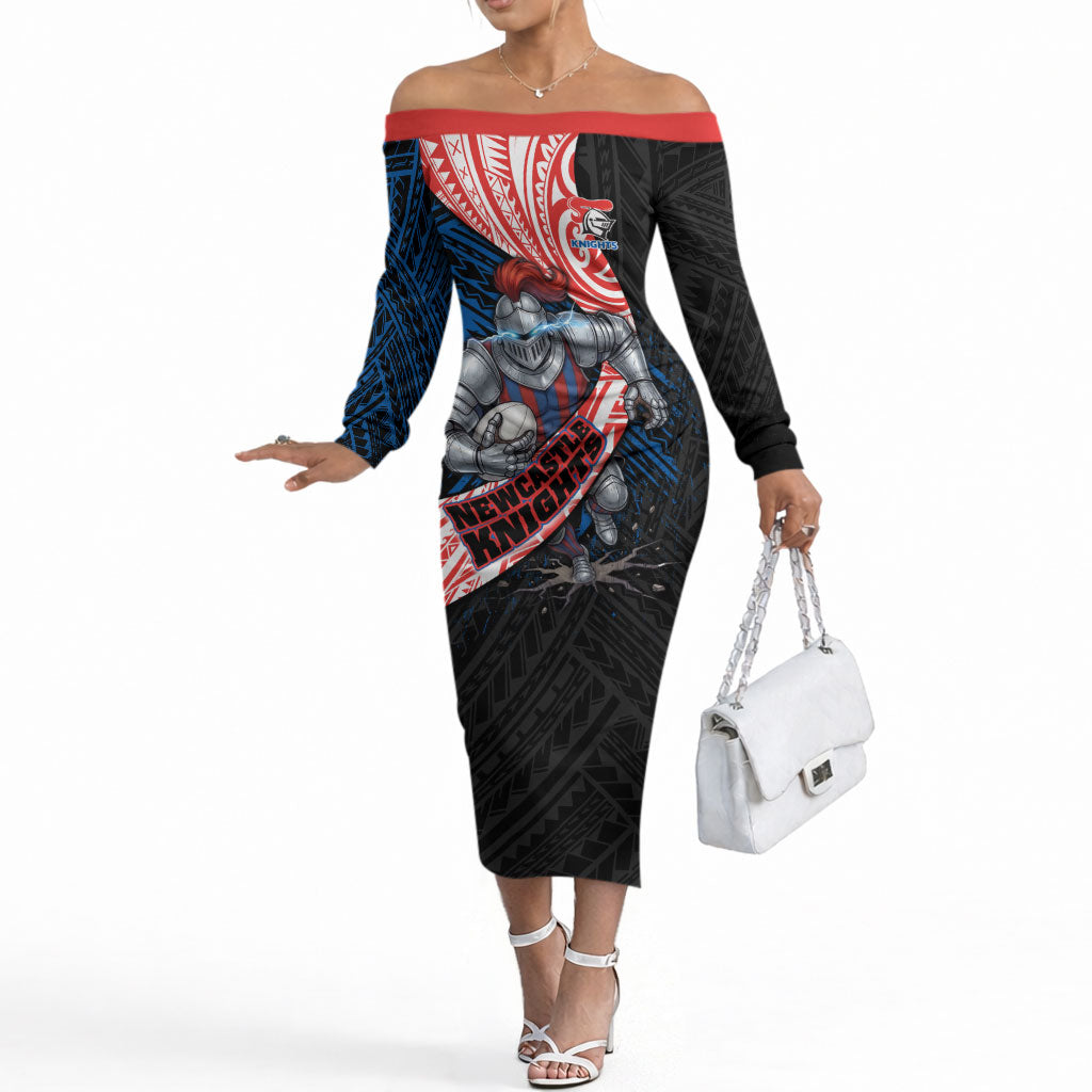 Newcastle Knights Rugby Off The Shoulder Long Sleeve Dress Tribal Polynesian Power Art - Lightning Mascot