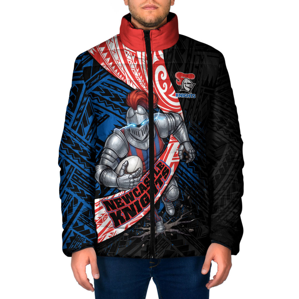 Newcastle Knights Rugby Padded Jacket Tribal Polynesian Power Art - Lightning Mascot