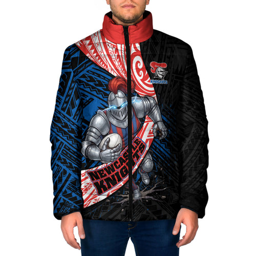 Newcastle Knights Rugby Padded Jacket Tribal Polynesian Power Art - Lightning Mascot