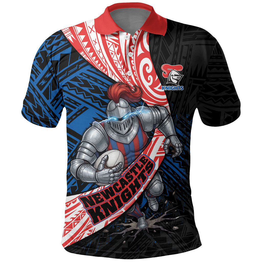Newcastle Knights Rugby Polo Shirt Tribal Polynesian Power Art - Lightning Mascot