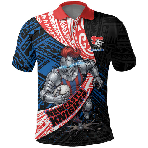 Newcastle Knights Rugby Polo Shirt Tribal Polynesian Power Art - Lightning Mascot
