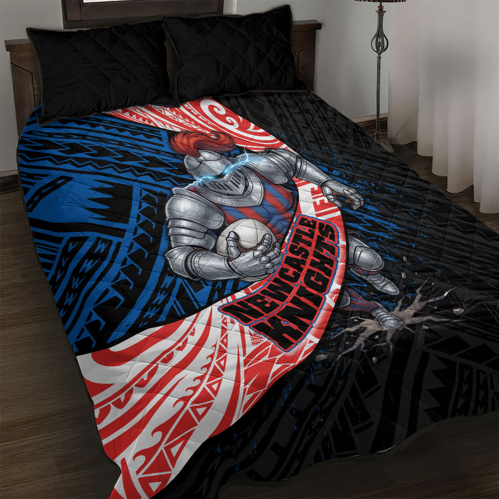 Newcastle Knights Rugby Quilt Bed Set Tribal Polynesian Power Art - Lightning Mascot