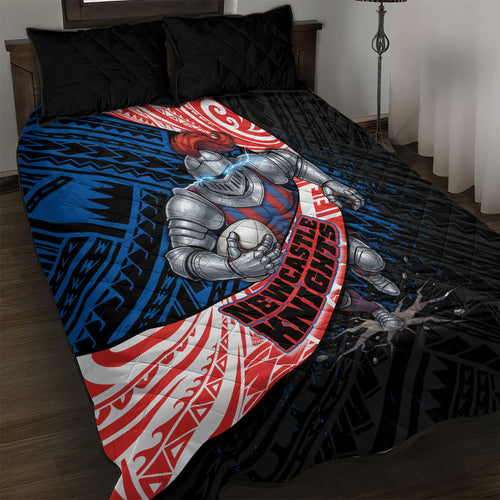 Newcastle Knights Rugby Quilt Bed Set Tribal Polynesian Power Art - Lightning Mascot