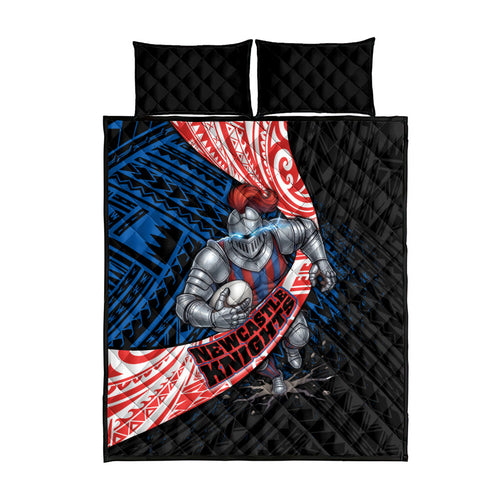 Newcastle Knights Rugby Quilt Bed Set Tribal Polynesian Power Art - Lightning Mascot