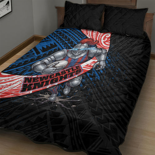 Newcastle Knights Rugby Quilt Bed Set Tribal Polynesian Power Art - Lightning Mascot