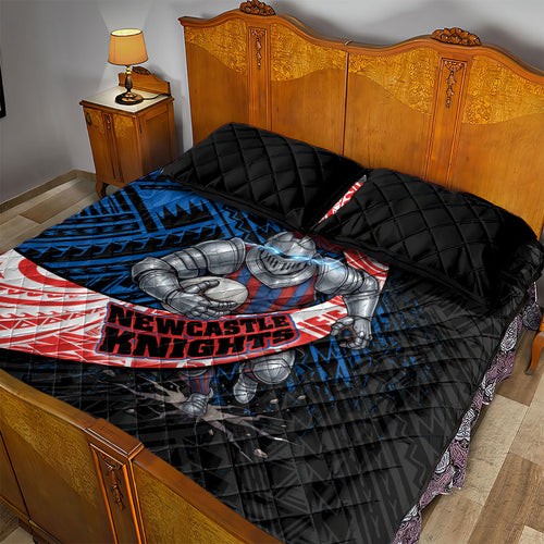 Newcastle Knights Rugby Quilt Bed Set Tribal Polynesian Power Art - Lightning Mascot
