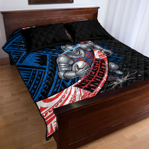 Newcastle Knights Rugby Quilt Bed Set Tribal Polynesian Power Art - Lightning Mascot