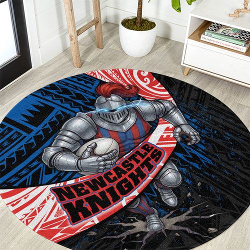 Newcastle Knights Rugby Round Carpet Tribal Polynesian Power Art - Lightning Mascot