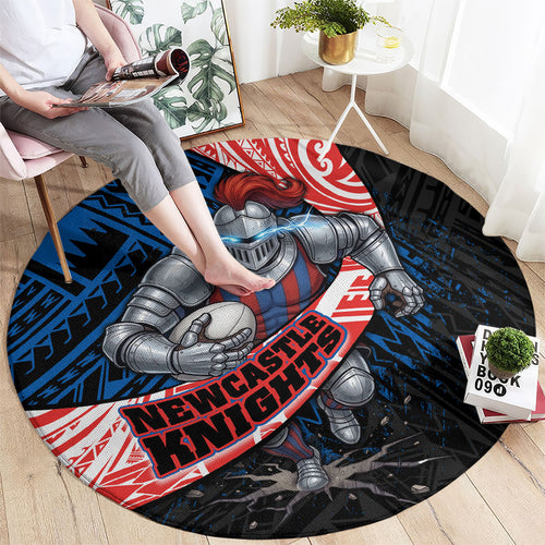 Newcastle Knights Rugby Round Carpet Tribal Polynesian Power Art - Lightning Mascot