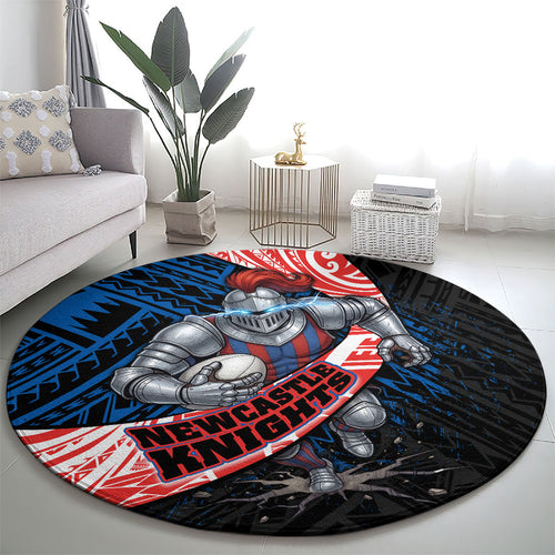 Newcastle Knights Rugby Round Carpet Tribal Polynesian Power Art - Lightning Mascot