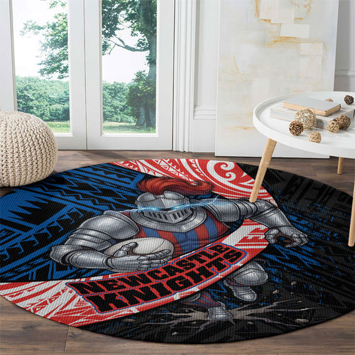 Newcastle Knights Rugby Round Carpet Tribal Polynesian Power Art - Lightning Mascot