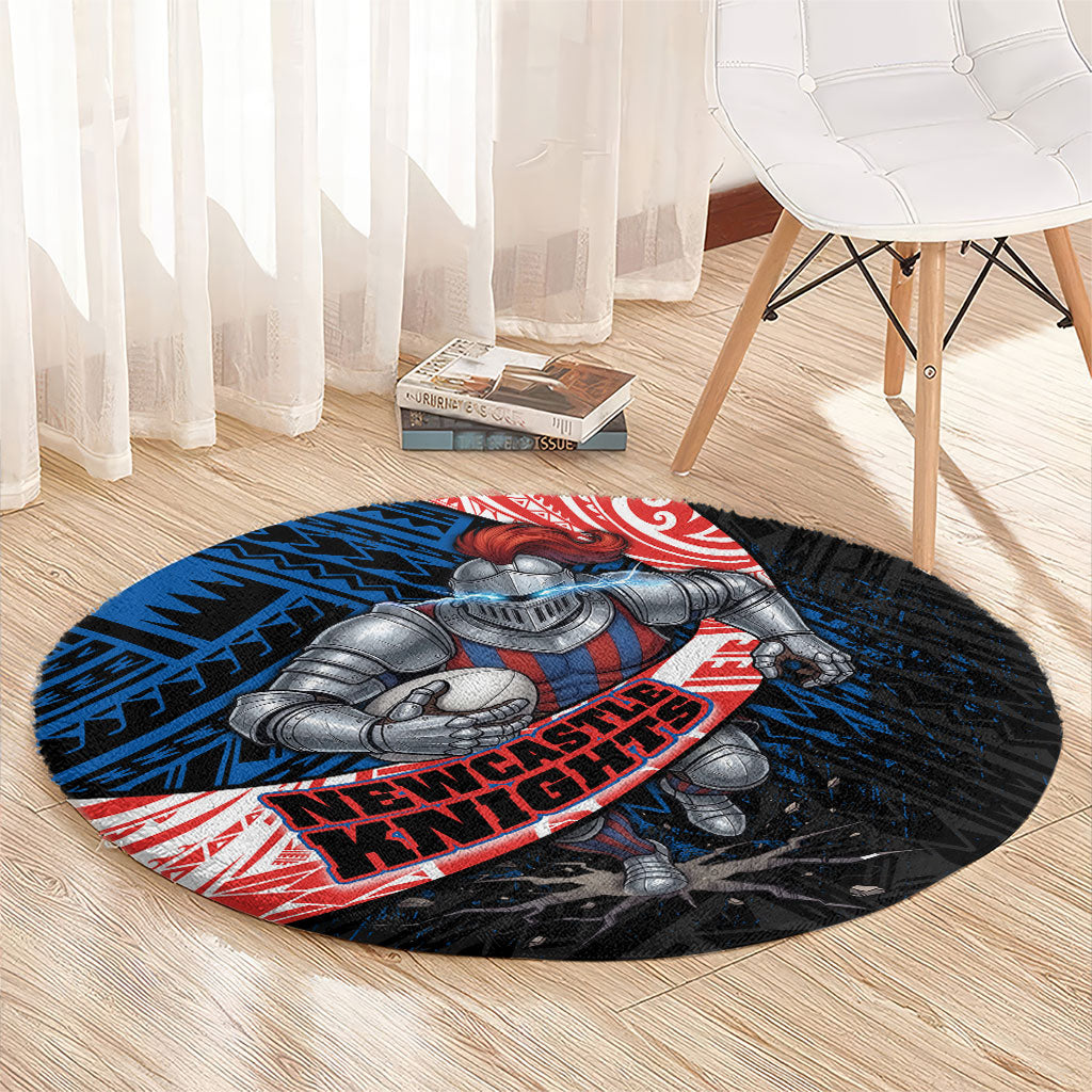 Newcastle Knights Rugby Round Carpet Tribal Polynesian Power Art - Lightning Mascot