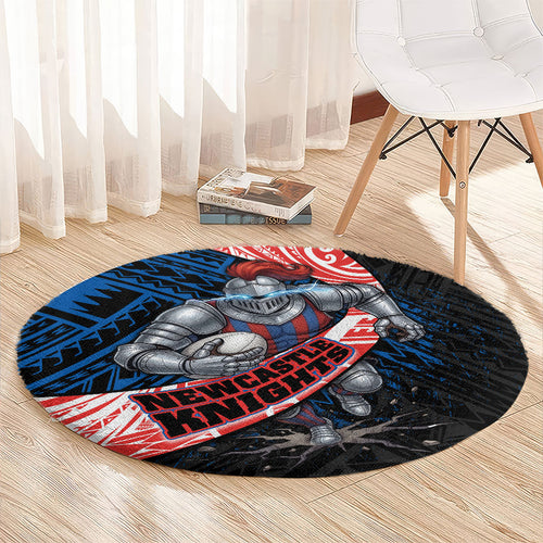 Newcastle Knights Rugby Round Carpet Tribal Polynesian Power Art - Lightning Mascot