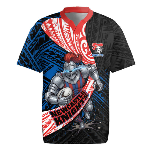 Newcastle Knights Rugby Rugby Jersey Tribal Polynesian Power Art - Lightning Mascot