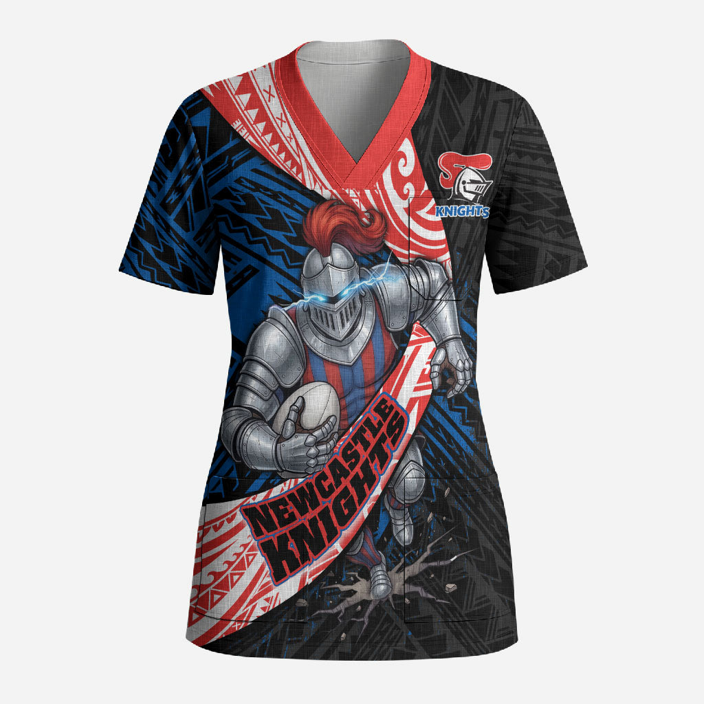 Newcastle Knights Rugby Scrub Top Tribal Polynesian Power Art - Lightning Mascot
