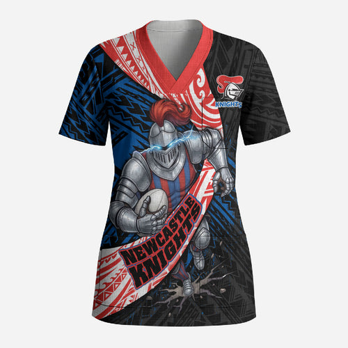 Newcastle Knights Rugby Scrub Top Tribal Polynesian Power Art - Lightning Mascot