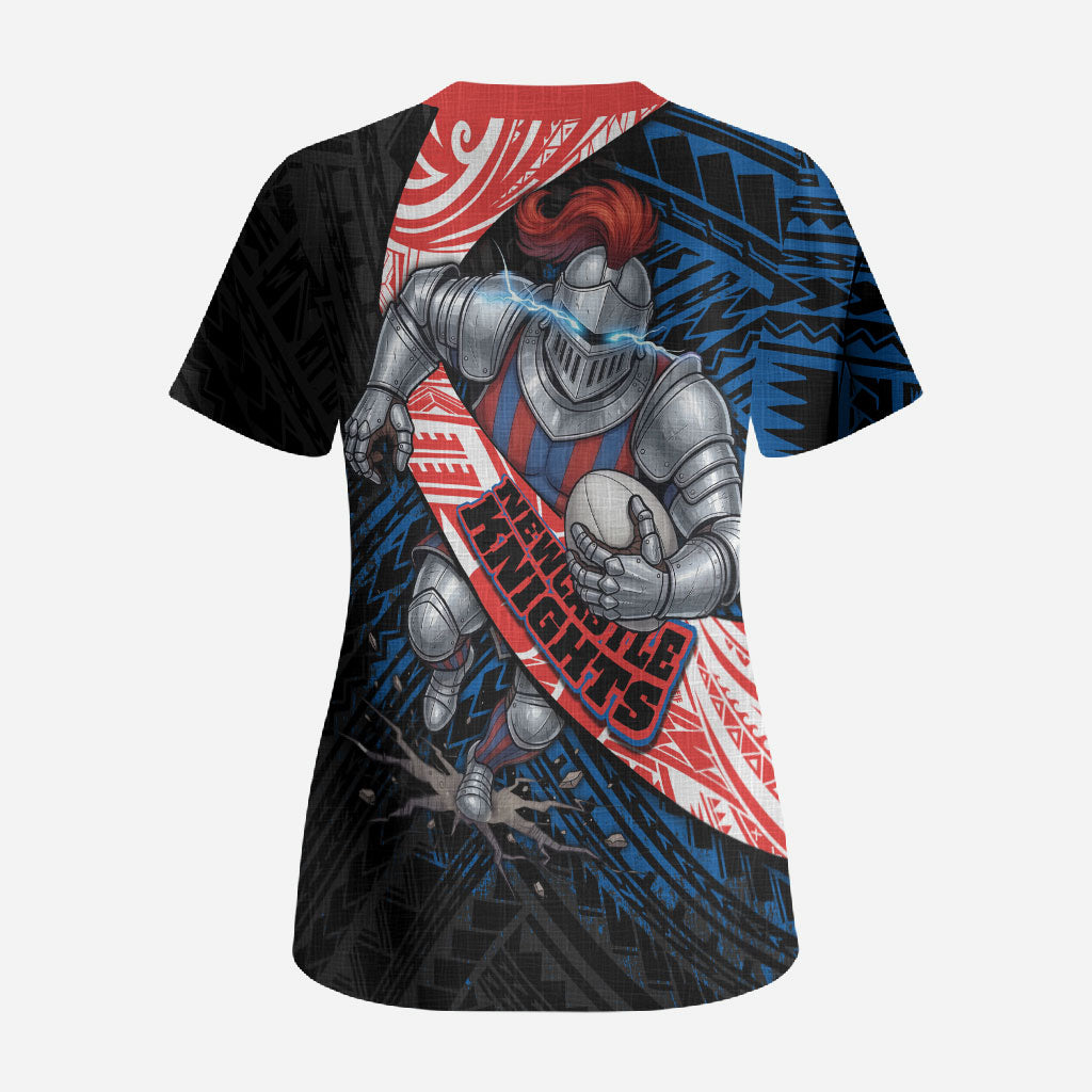 Newcastle Knights Rugby Scrub Top Tribal Polynesian Power Art - Lightning Mascot