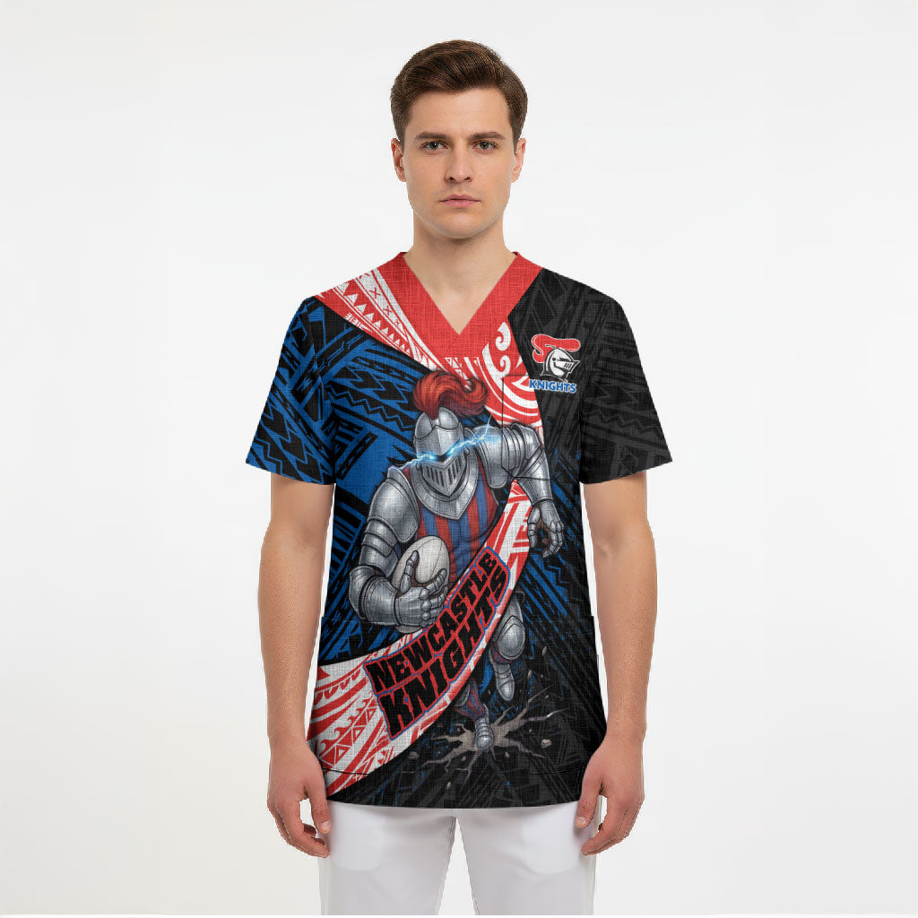 Newcastle Knights Rugby Scrub Top Tribal Polynesian Power Art - Lightning Mascot