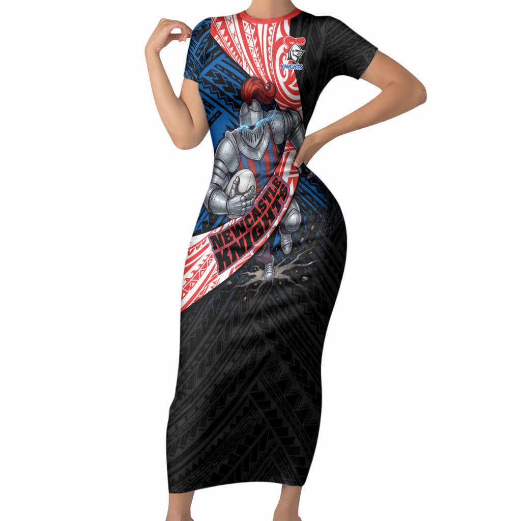 Newcastle Knights Rugby Short Sleeve Bodycon Dress Tribal Polynesian Power Art - Lightning Mascot