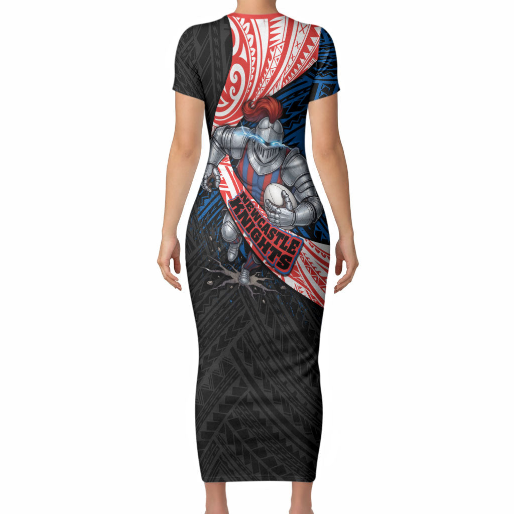 Newcastle Knights Rugby Short Sleeve Bodycon Dress Tribal Polynesian Power Art - Lightning Mascot