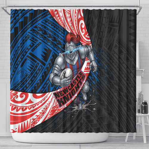 Newcastle Knights Rugby Shower Curtain Tribal Polynesian Power Art - Lightning Mascot