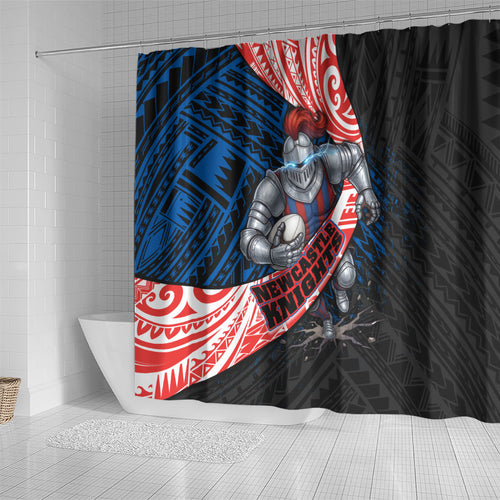 Newcastle Knights Rugby Shower Curtain Tribal Polynesian Power Art - Lightning Mascot