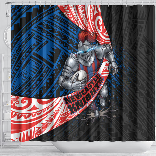 Newcastle Knights Rugby Shower Curtain Tribal Polynesian Power Art - Lightning Mascot