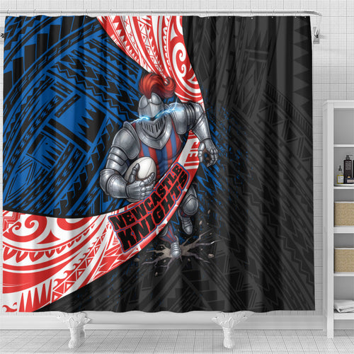Newcastle Knights Rugby Shower Curtain Tribal Polynesian Power Art - Lightning Mascot