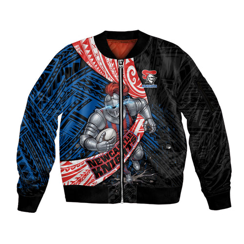 Newcastle Knights Rugby Sleeve Zip Bomber Jacket Tribal Polynesian Power Art - Lightning Mascot