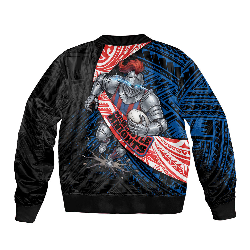 Newcastle Knights Rugby Sleeve Zip Bomber Jacket Tribal Polynesian Power Art - Lightning Mascot
