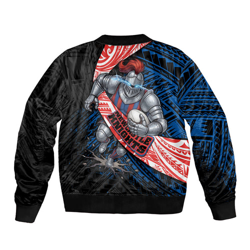 Newcastle Knights Rugby Sleeve Zip Bomber Jacket Tribal Polynesian Power Art - Lightning Mascot