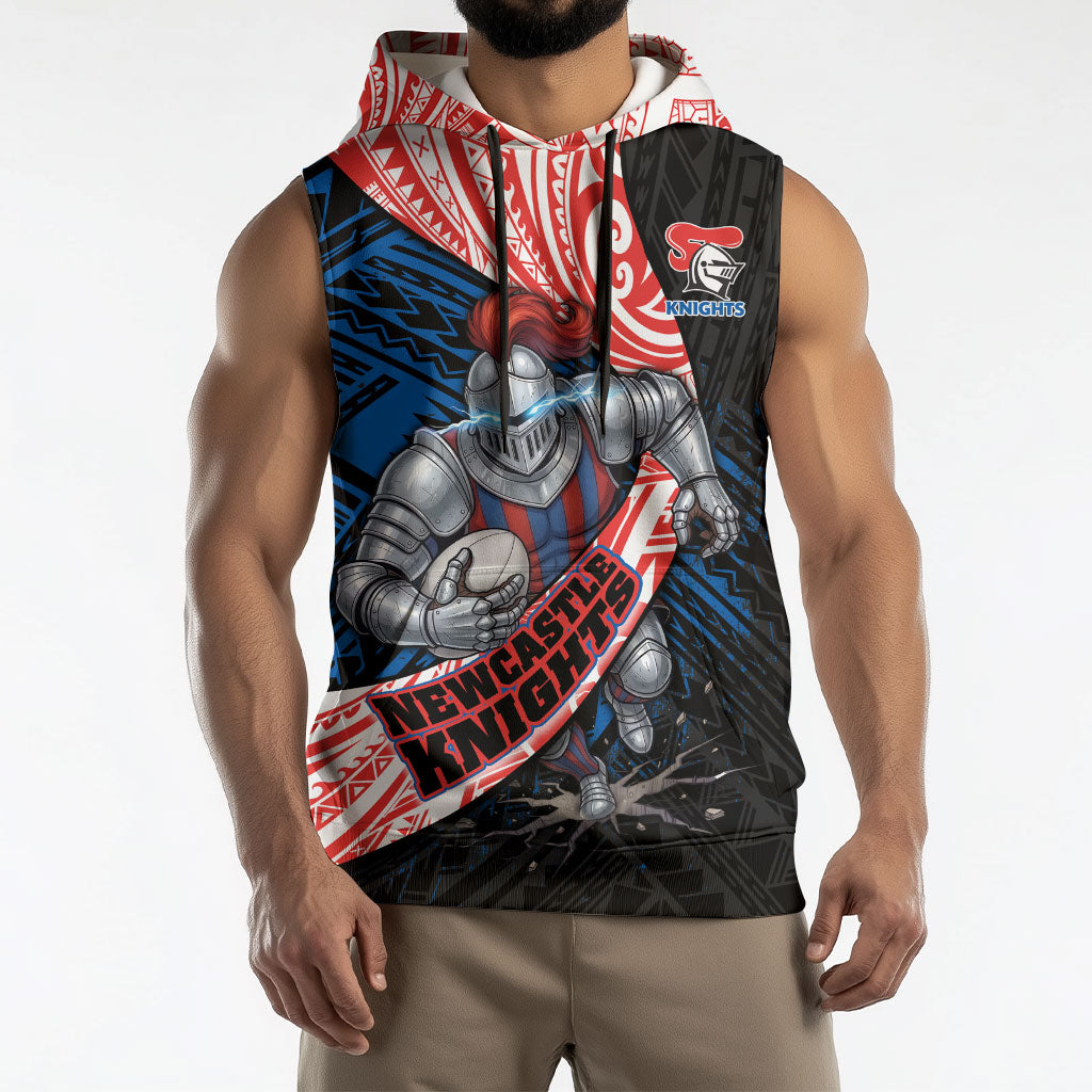 Newcastle Knights Rugby Sleeveless Hoodie Tribal Polynesian Power Art - Lightning Mascot