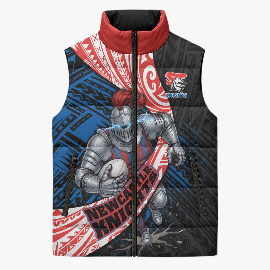 Newcastle Knights Rugby Sleeveless Puffer Jacket Tribal Polynesian Power Art - Lightning Mascot