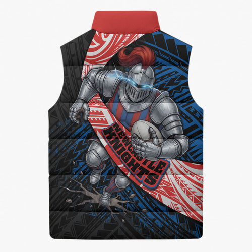 Newcastle Knights Rugby Sleeveless Puffer Jacket Tribal Polynesian Power Art - Lightning Mascot