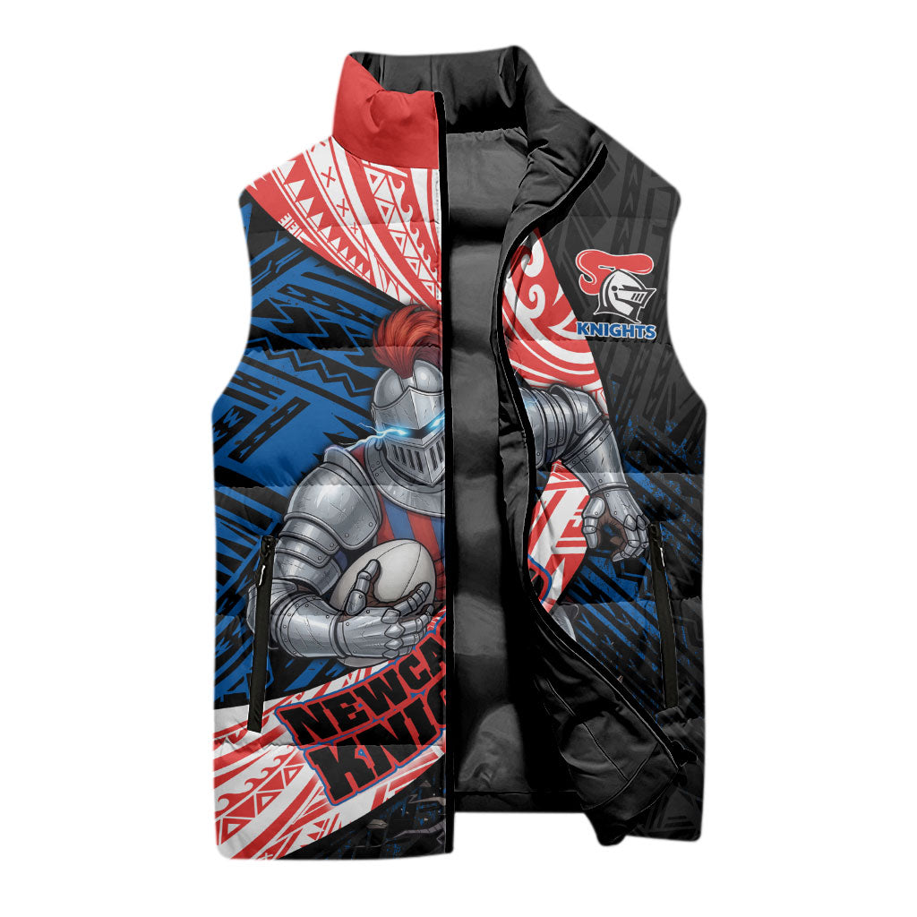 Newcastle Knights Rugby Sleeveless Puffer Jacket Tribal Polynesian Power Art - Lightning Mascot