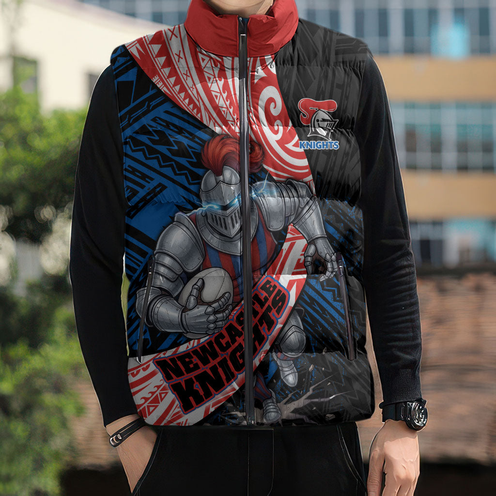 Newcastle Knights Rugby Sleeveless Puffer Jacket Tribal Polynesian Power Art - Lightning Mascot