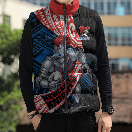 Newcastle Knights Rugby Sleeveless Puffer Jacket Tribal Polynesian Power Art - Lightning Mascot