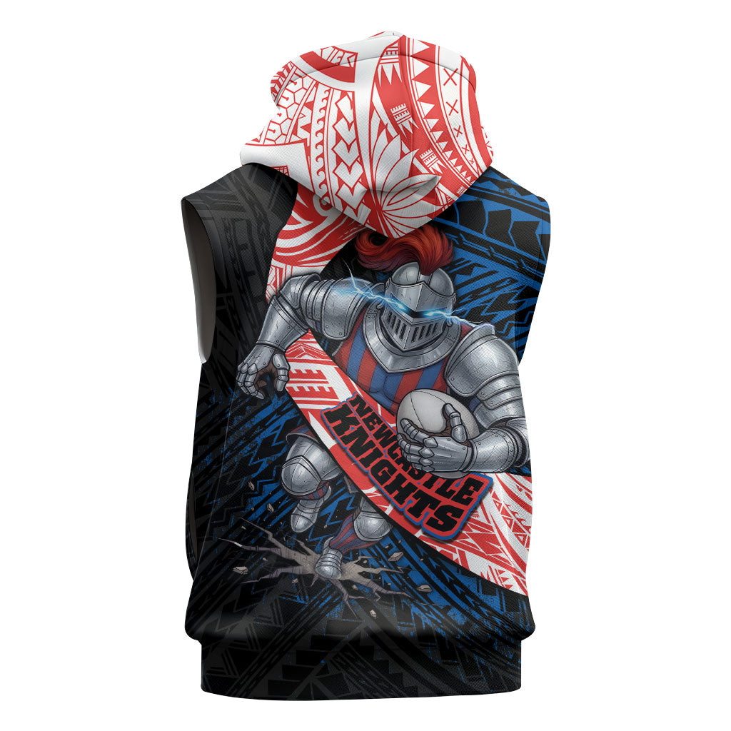 Newcastle Knights Rugby Sleeveless Zip Hoodie Tribal Polynesian Power Art - Lightning Mascot